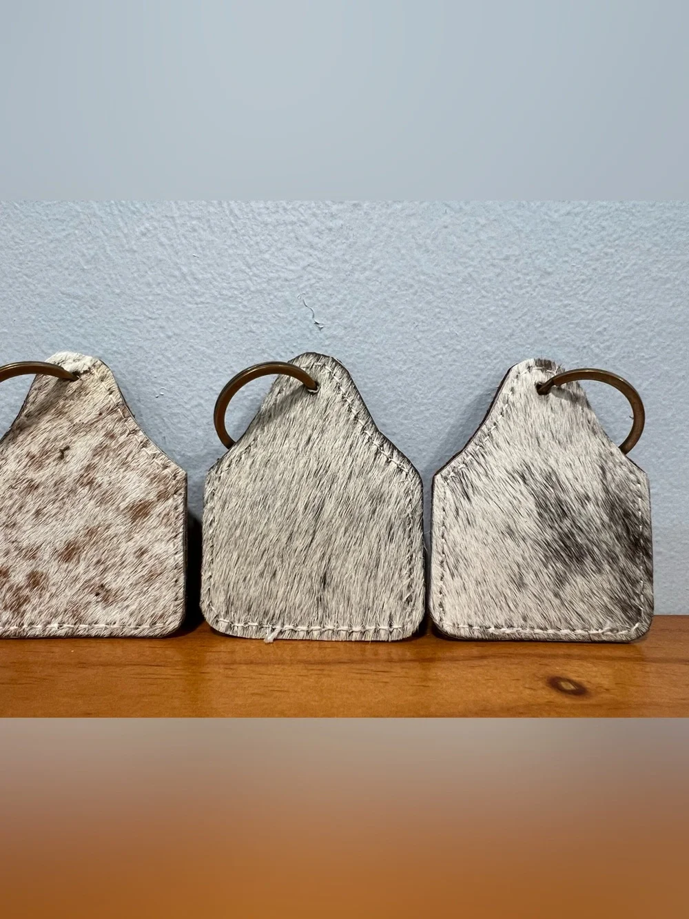 Set of 5 NEW Keyrings Natural Cow Hide Tag Shaped Leather Hair On Hide Keychain